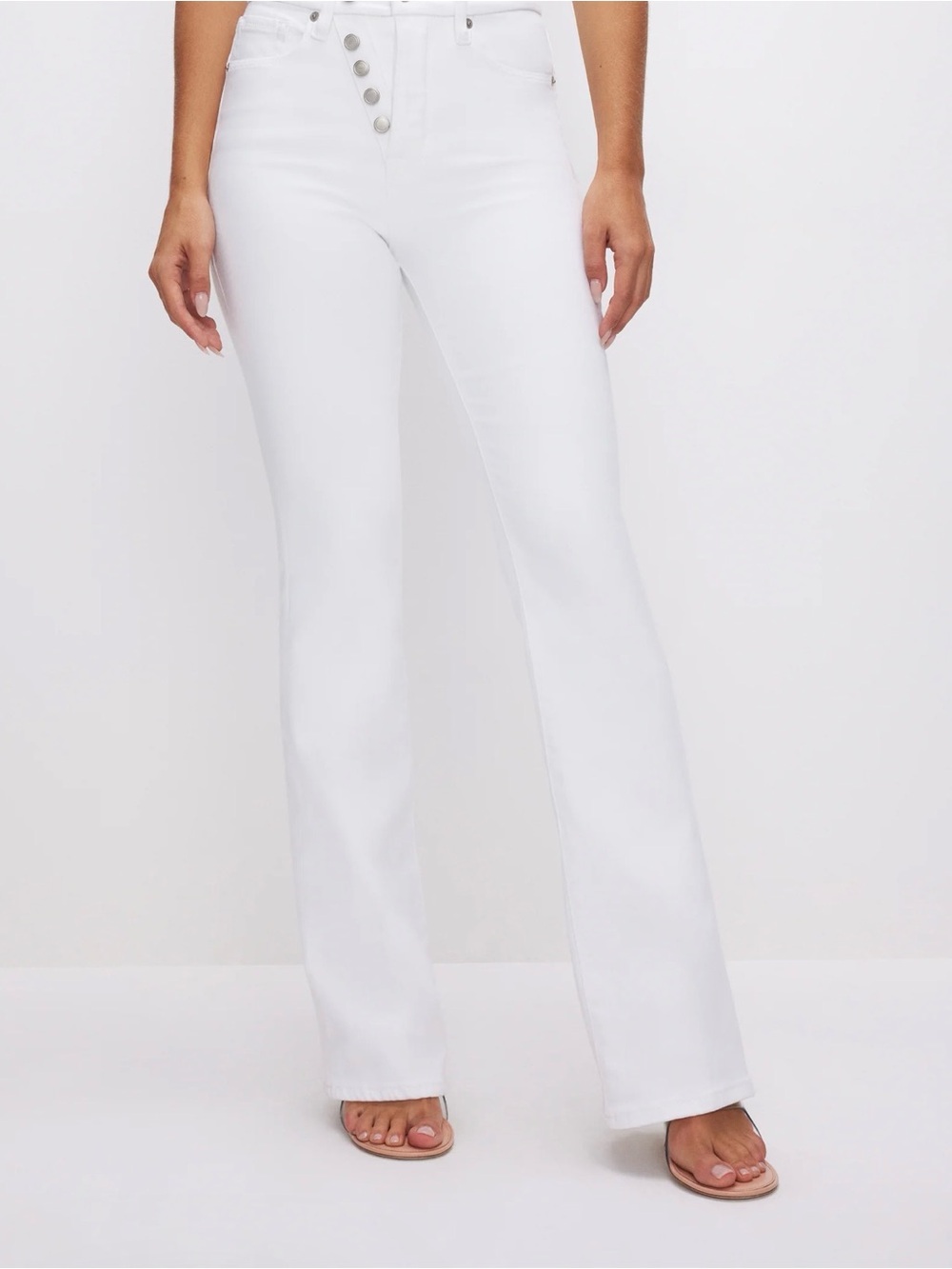 good American High-Rise White Button-Fly Flared Jeans